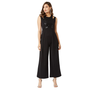 Women's Halter Neck Sleeveless Solid Wide Leg Sequin Paneled Regular Length Jumpsuit