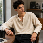 Men's Textured Fabric Solid Half-Open Collar T-Shirt