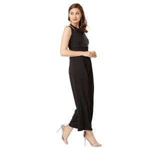 Women's Halter Neck Sleeveless Solid Wide Leg Sequin Paneled Regular Length Jumpsuit