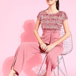 Women's Round Neck Short Sleeve Embellished Front Slit Fringed Regular Jumpsuit with Pockets