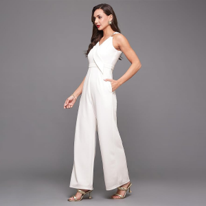 Women's Halter Neck Sleeveless Solid Wide Leg Sequin Paneled Regular Length Jumpsuit
